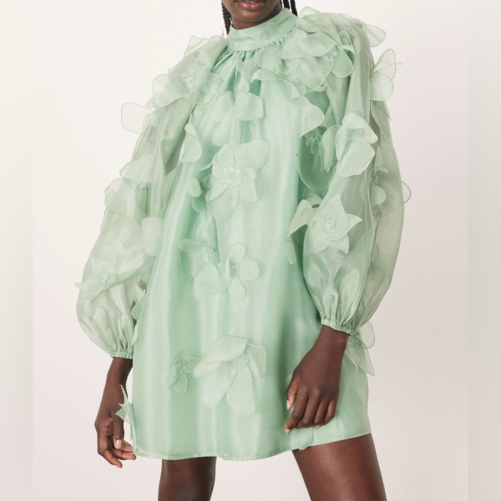 ASOS ARRANGE Organza Applique Floral High Neck Dress Light Green